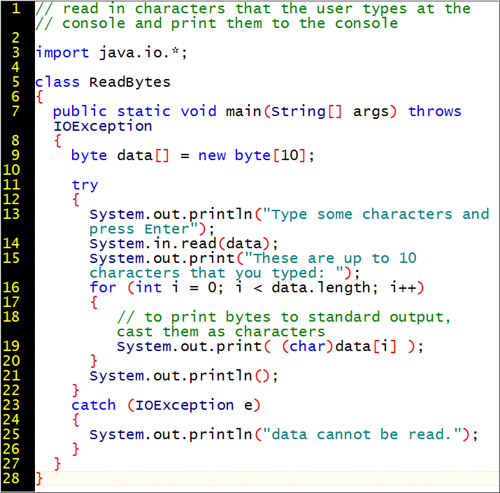 When we want to the characters in the byte array, we cast to char (line 19). Otherwise, a set of chars like "hello" would look like 1041011081081111310000.